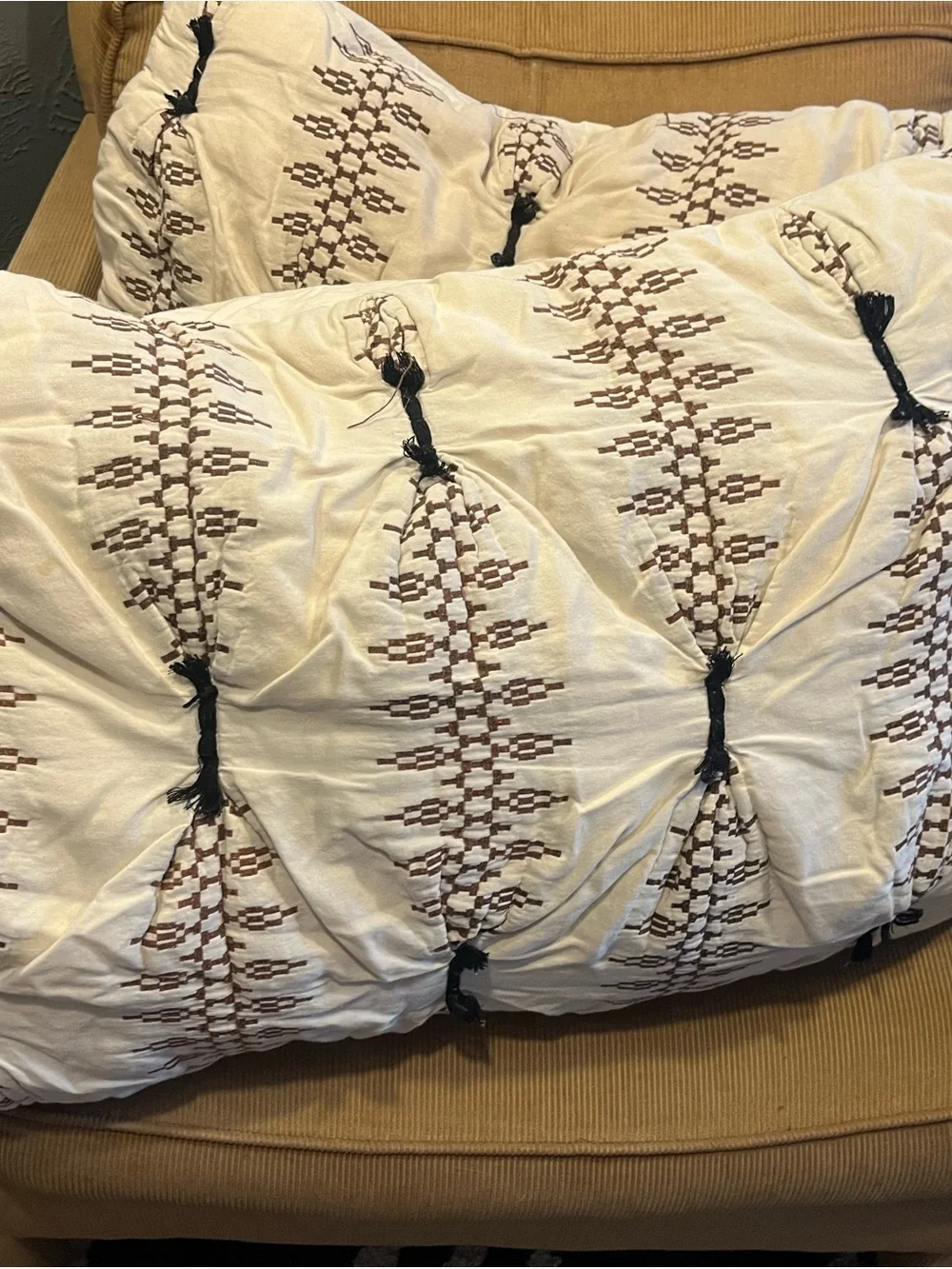 Anthropologie Cream Tufted Embroidered Comforter with Black Tassels